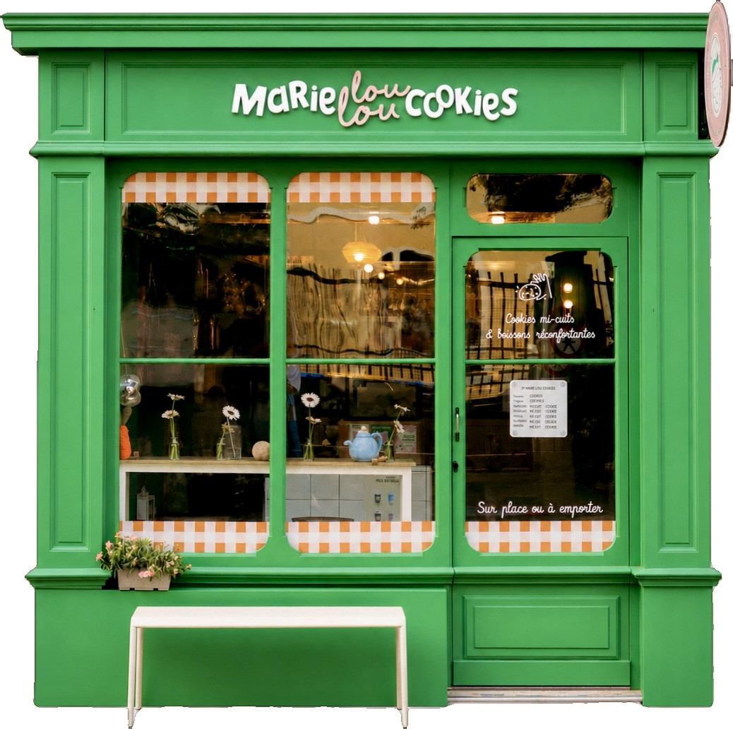 La devanture verte de la boutique Marie Loulou Cookies à Annecy
